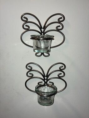 Metal Butterfly Wall Tea Light Holders with Glass Cups - Bronze
